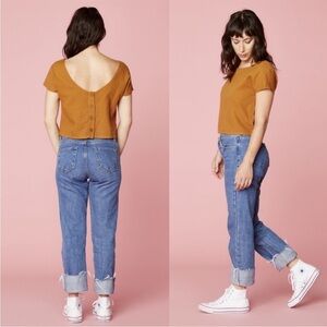 Lacausa reversible linen top Blouse scoop neck button down boxy cropped mustard